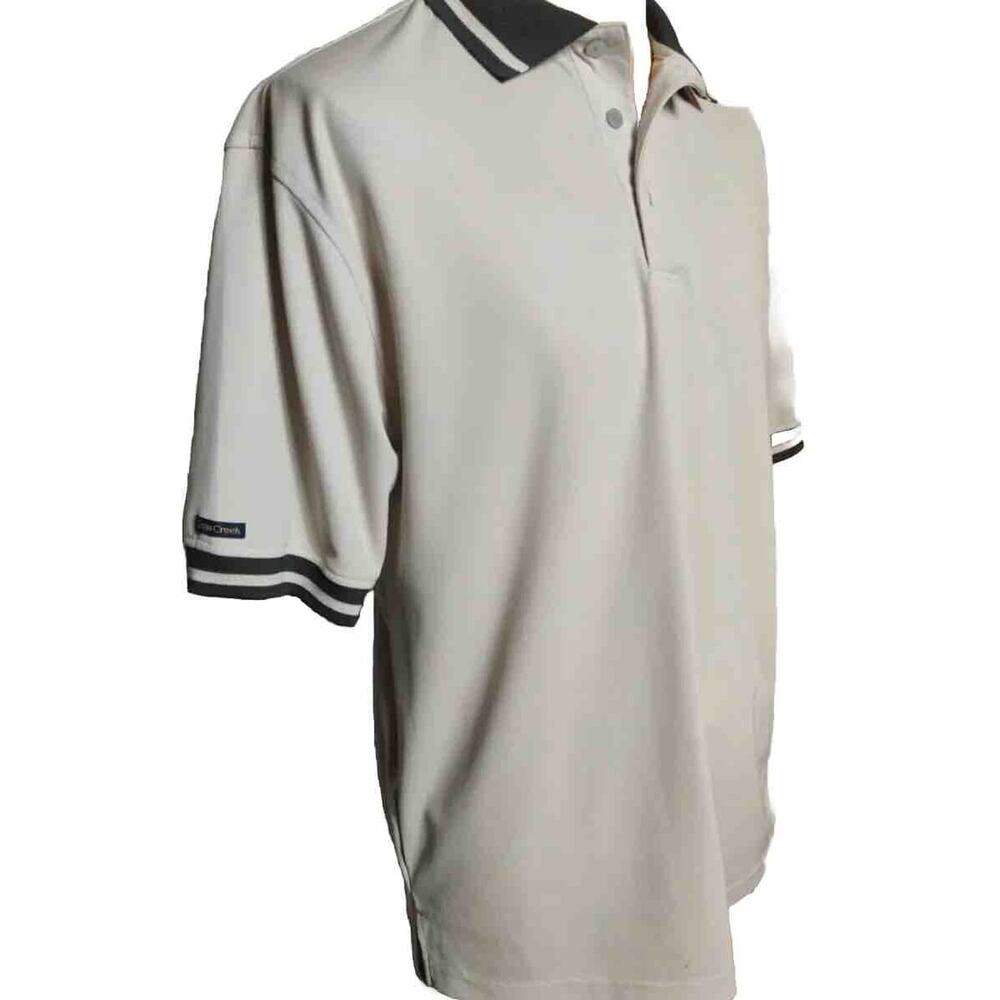 Men’s Polo Beige w Brown Stripe Trim Polyester Micro Fiber By Cross Creek Sz Lrg